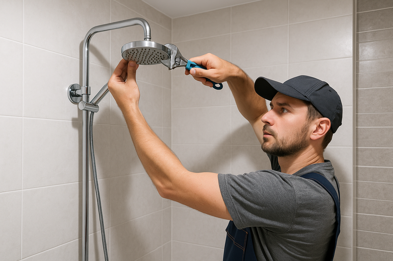 a handman changing the shower head of a bathroom