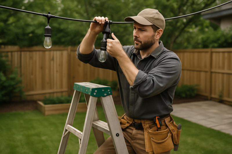 a handman installing a lights on a backyard