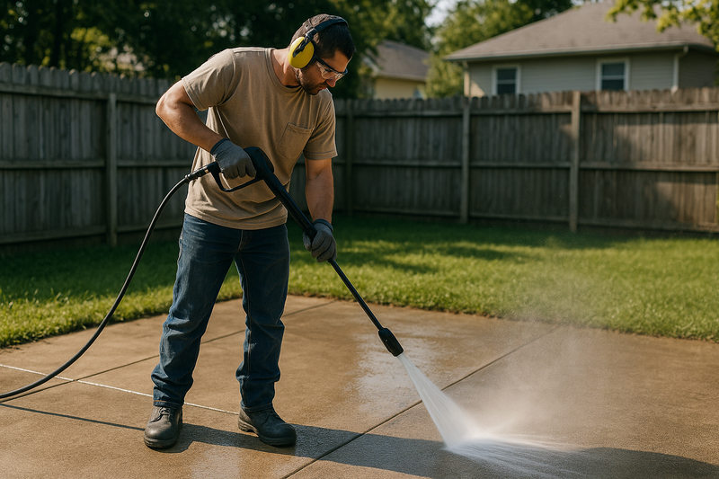 a realistic hand-man power washing a backyard concrete 