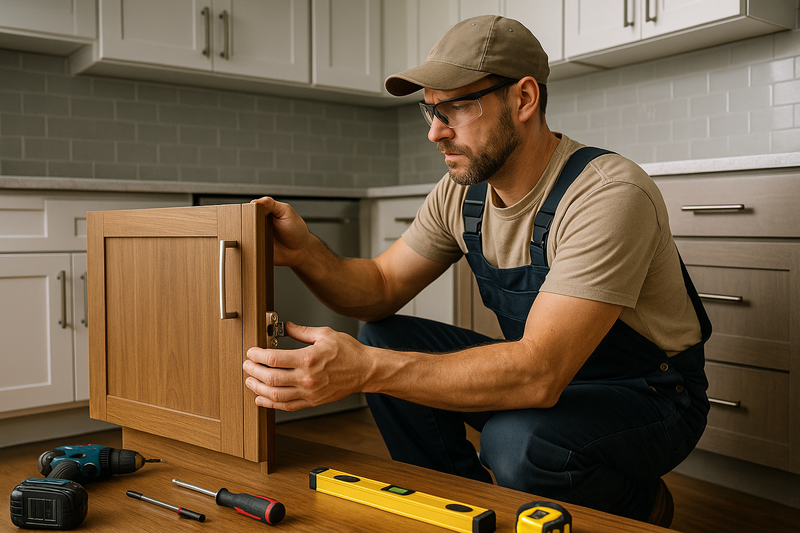 a realistic hand-man working on replacing a kitchen cabinet