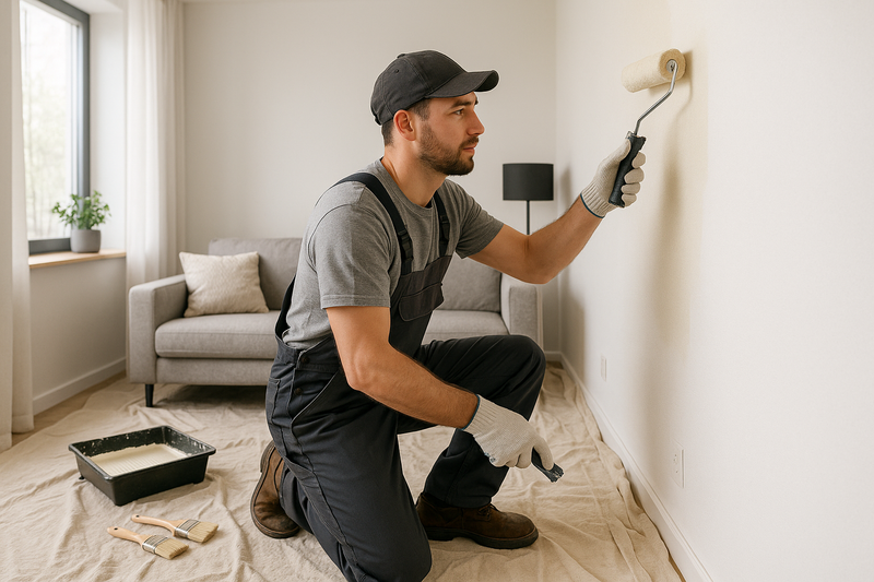 a realistic handman painting a modern living room wall