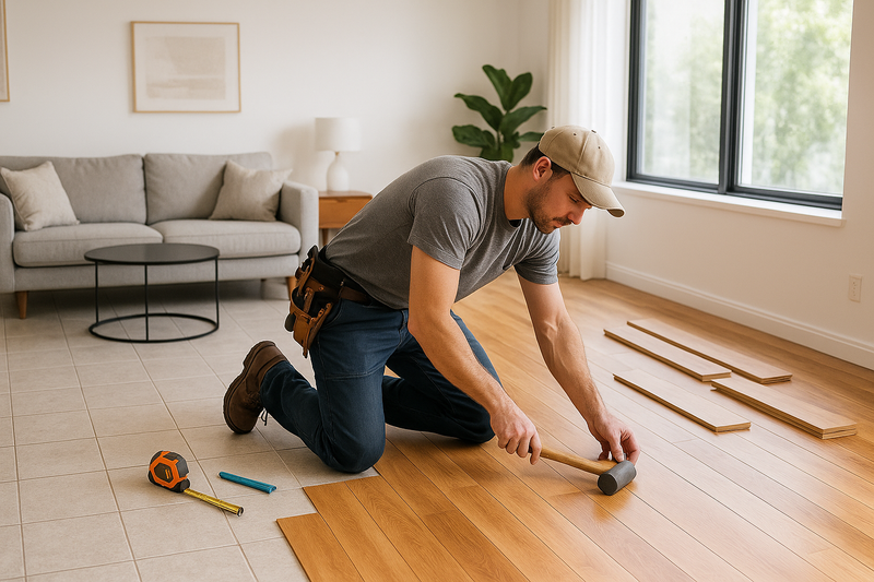ah handman changing a tile floor to wood on a modern living room