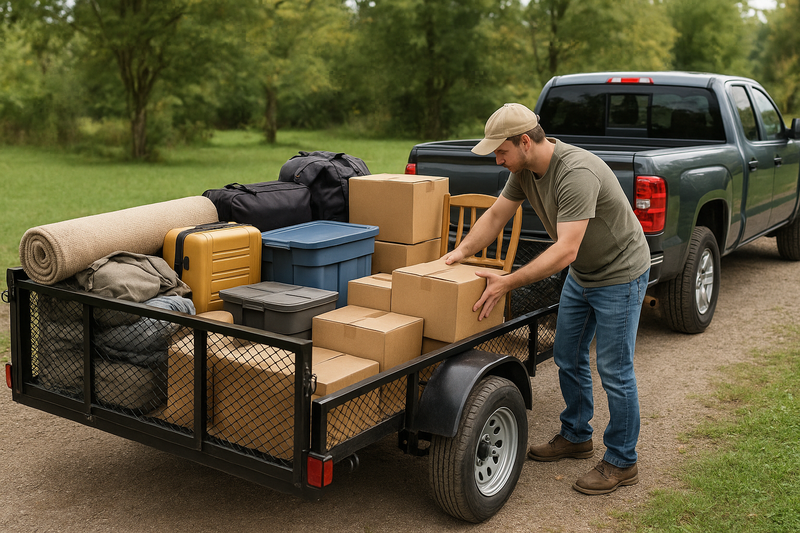 an image of a person loading a trailer that is being pull buy a pickup truck full of stuff